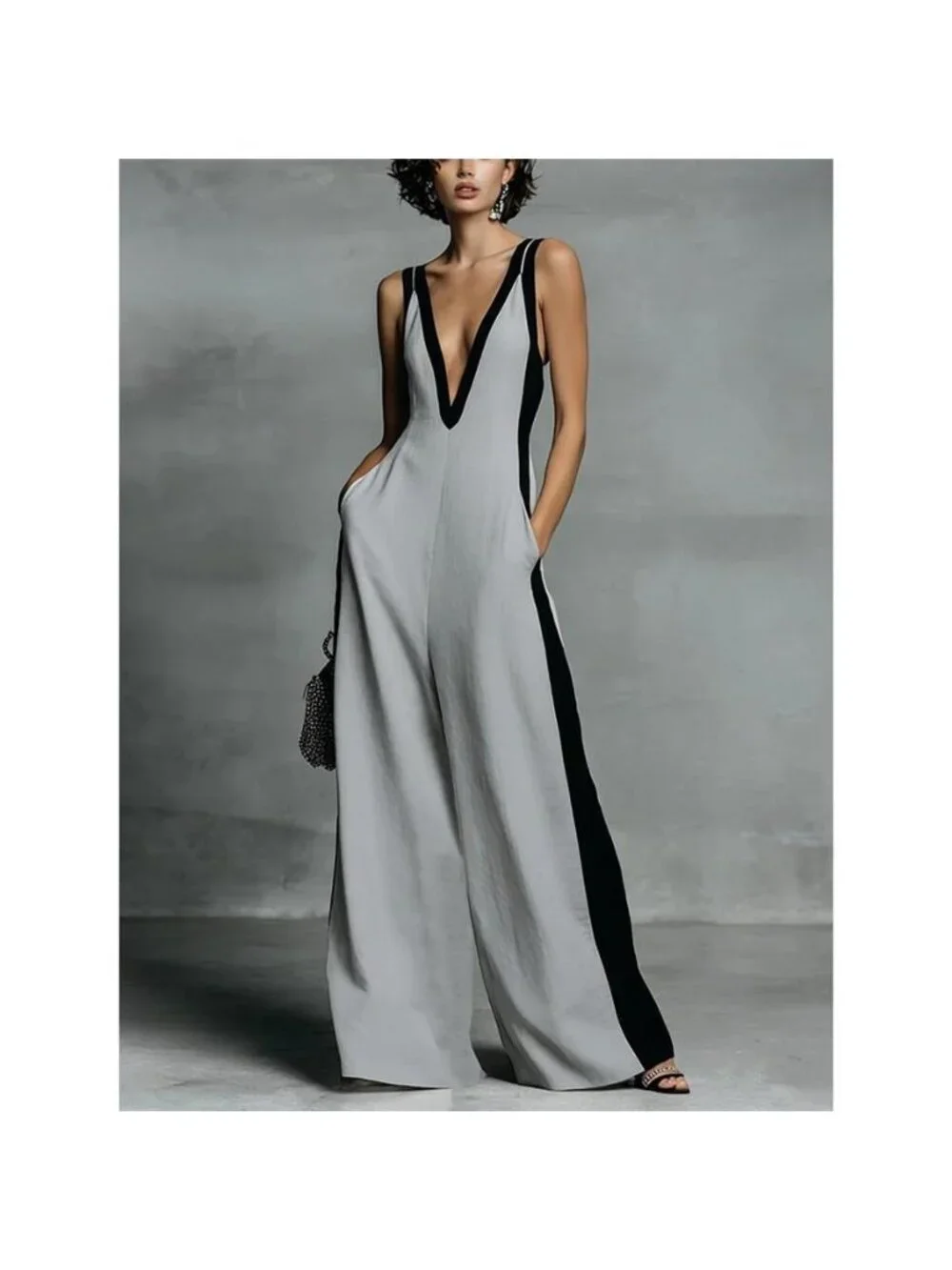 Contrast Trim V-Neck Jumpsuit - Picture 7 of 9